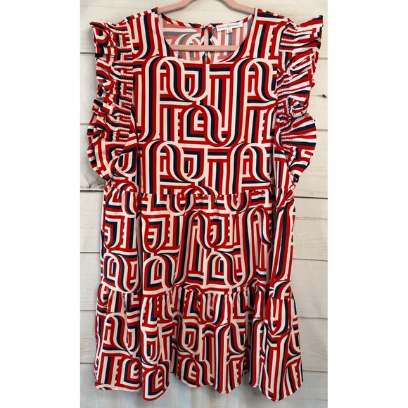 Michelle Mcdowell Dresses & Skirts - Michelle McDowell XL Red White Blue Geometric Ruffle Sleeve Tiered Mini Dress
